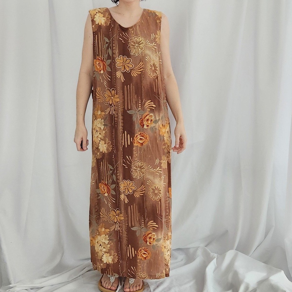 90s/Y2K Brown and Orange‎ Floral Rayon Maxi Dress
